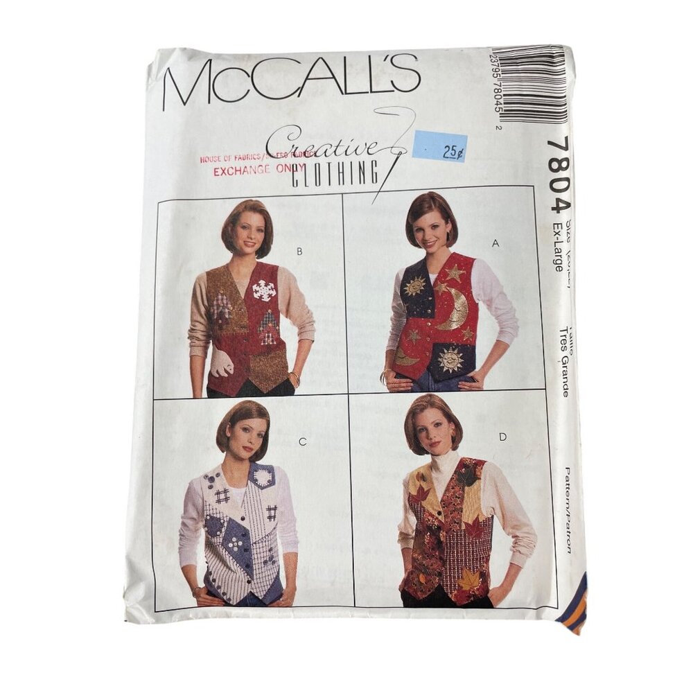 90s McCalls 7804 Misses Lined Vest and Appliques Pattern Size XL 20-22 UNCUT